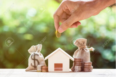 a man pointing a coin to a house with lots of coins and dollar bag